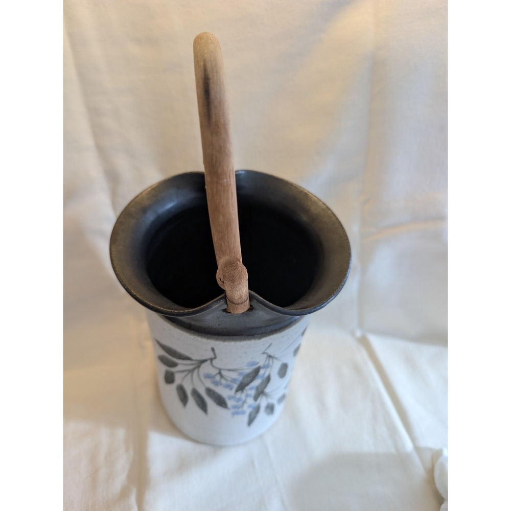 Pottery Wine Bottle Cooler Vase Stoneware Basket w/ Rattan Handle Stamped